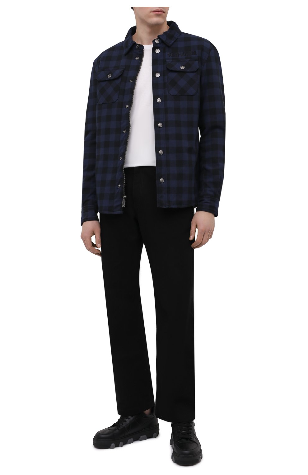 Мужская куртка-рубашка HARLEY-DAVIDSON синего цвета, арт. 97103-22VM | Фото 2 (Кросс-КТ: Куртка, Ветровка; Стили: Гранж; Материал внешний: Хлопок; Материал подклада: Синтетический материал; Длина (верхняя одежда): Короткие)
