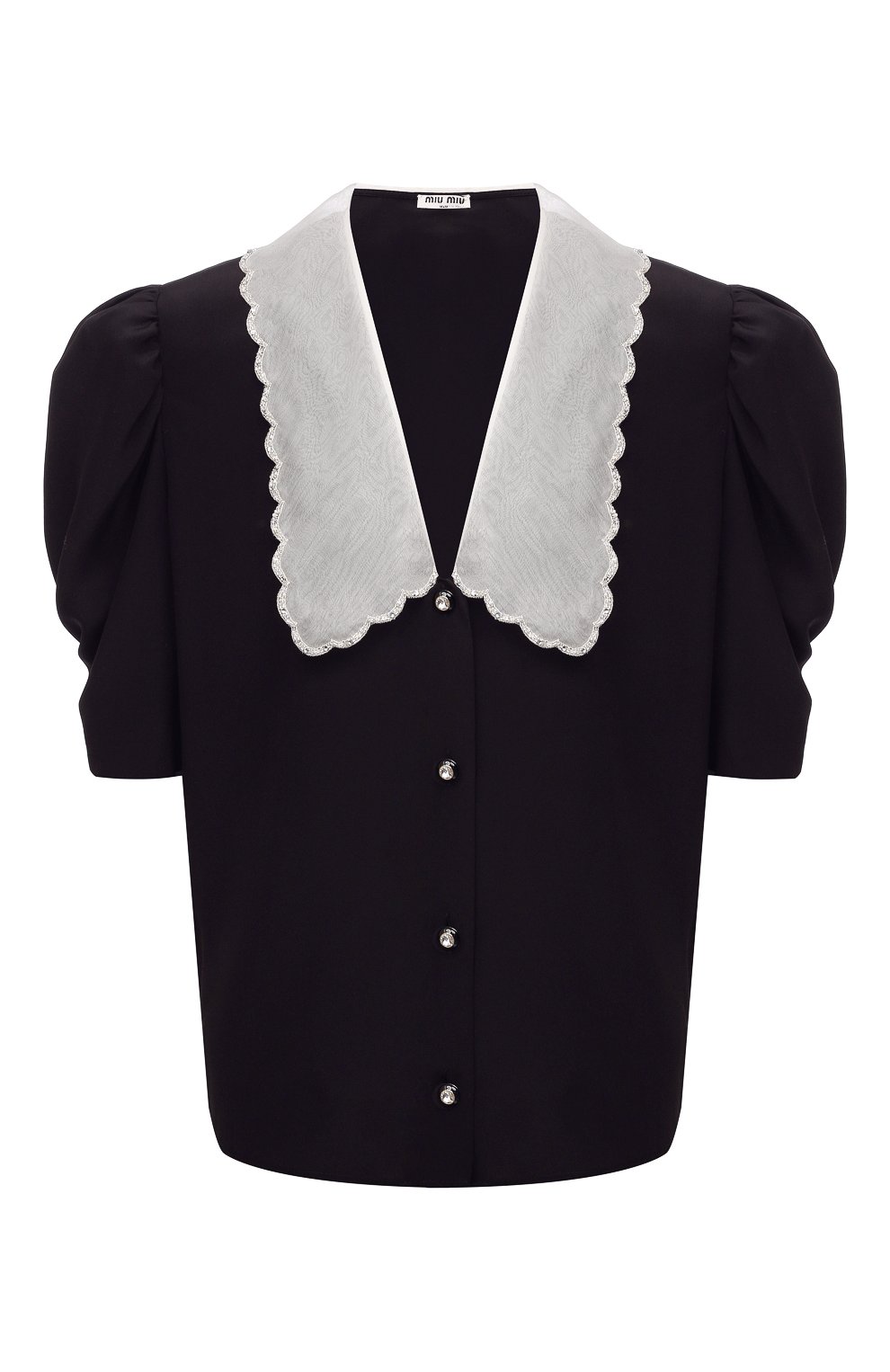 Женская шелковая блузка MIU MIU черного цвета, арт. MK1575-102-F0002 | Фото 1 (Стили: Ретро; Материал внешний: Шелк; Принт: Без принта; Длин�а (для топов): Стандартные; Рукава: 3/4; Женское Кросс-КТ: Блуза-одежда)