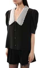 Женская шелковая блузка MIU MIU черного цвета, арт. MK1575-102-F0002 | Фото 3 (Стили: Ретро; Материал внешний: Шелк; Принт: Без принта; Длина (для топов): Стандартные; Рукава: 3/4; Женское Кросс-КТ: Блуза-одежда)