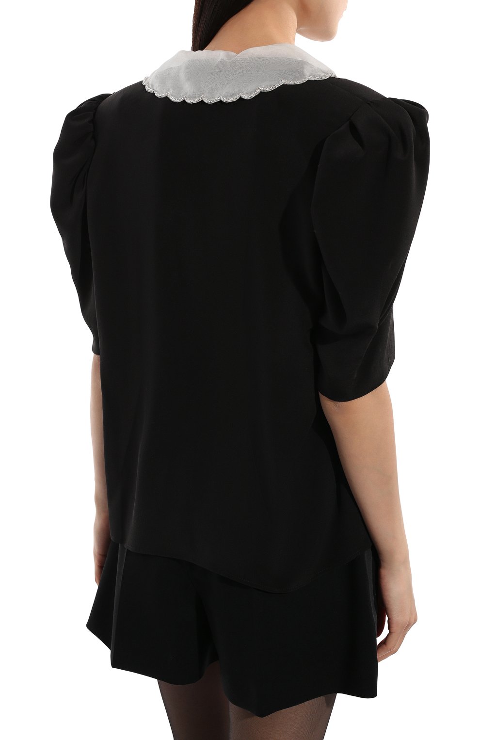 Женская шелковая блузка MIU MIU черного цвета, арт. MK1575-102-F0002 | Фото 4 (Стили: Ретро; Материал внешний: Шелк; Принт: Без принта; Длина (для топов): Стандартные; Рукава: 3/4; Женское Кросс-КТ: Блуза-одежда)