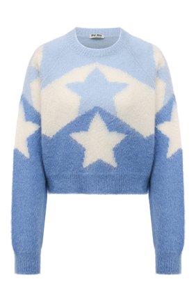 Женский пуловер MIU MIU голубого цвета, арт. MML532-1Z6K-F0637 | Фото 1 (Материал внешний: Шерсть; Рукава: Длинные; Длина (для топов): Укороченные; Женское Кросс-КТ: Пуловер-одежда; Стили: Романтичный)