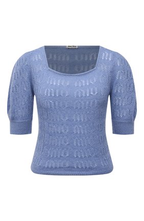 Женский пуловер MIU MIU голубого цвета, арт. MML540-10AD-F0M10 | Фото 1 (Рукава: 3/4; Материал внешний: Шерсть; Длина (для топов): Стандартные; Женское Кросс-КТ: Пуловер-одежда; Стили: Романтичный)