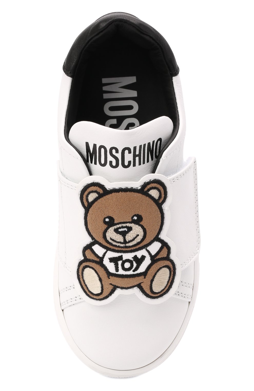 Мужского кожаные кеды MOSCHINO белого цвета по цене 32350 руб., арт. 70215/KIPS/KIPS/28-35 | Фото 4 Мужского кожаные кеды MOSCHINO белого цвета, арт. 70215/KIPS/KIPS/28-35 | Фото 4 (Мальчики Кросс-КТ: Обувь-низкие; Длина стельки: 18,5, 22,5, 22, 19,1, 19,6, 20,2, 21,2, 17,9; Кросс-КТ: велькро)