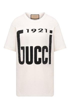 Женская хлопковая футболка GUCCI кремвого цвета по цене 83800 руб., арт. 615044/XJDZT | Фото 1 Женская хлопковая футболка GUCCI кремвого цвета, арт. 615044/XJDZT | Фото 1 (Материал внешний: Хлопок; Длина (для топов): Удлиненные; Рукава: Короткие; Женское Кросс-КТ: Футболка-одежда; Принт: С принтом; Стили: Гранж)