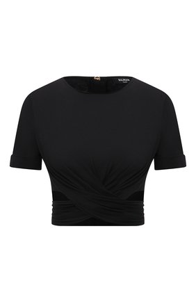 Женская футболка BALMAIN черного цвета, арт. XF1AI002/JB10 | Фото 1 (Рукава: Короткие; Длина (для топов): Укороченные; Материал внешний: Хлопок, Синтетический материал; Стили: Гламурный; Принт: Без принта; Женское Кросс-КТ: Футболка-одежда)