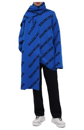 Мужской шерстяной свитер BALENCIAGA синего цвета, арт. 657400/T1567 | Фото 2 (Длина (для топов): Удлиненные; Рукава: Длинные; Материал внешний: Шерсть; Мужское Кросс-КТ: Свитер-одежда; Принт: С принтом; Стили: Гранж; Региональные ограничения белый список (Axapta Mercury): RU)
