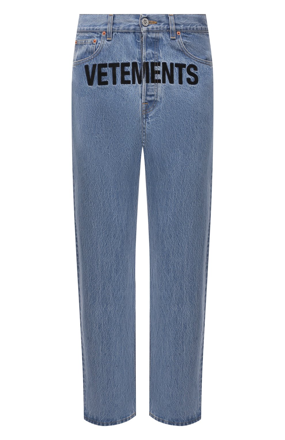 Мужские джинсы VETEMENTS голубого цвета, арт. ME52PA500N 2802 | Фото 1 (Силуэт М (брюки): Прямые; Кросс-КТ: Деним; Длина (брюки, джинсы): Стандартные; Стили: Гранж; Материал внешний: Хлопок, Деним)