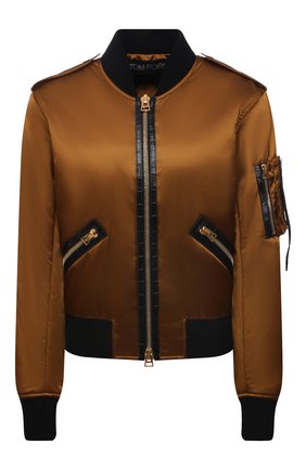 Женский бомбер TOM FORD золотого цвета по цене 239500 руб., арт. CSL687-LET005 | Фото 1 Женский бомбер TOM FORD золотого цвета, арт. CSL687-LET005 | Фото 1 (Материал подклада: Синтетический материал; Материал внешний: Синтетический материал; Длина (верхняя одежда): Короткие; Рукава: Длинные; Кросс-КТ: Куртка; Стили: Гламурный)
