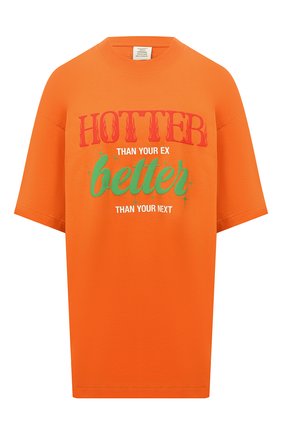 Женская хлопковая футболка VETEMENTS оранжевого цвета, арт. UE52TR210X 1611/W | Фото 1 (Материал внешний: Хлопок; Длина (для топов): Удлиненные; Стили: Спорт-шик; Принт: С принтом; Женское Кросс-КТ: Футболка-одежда; Рукава: Короткие)