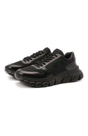 Мужские комбинированные кроссовки PRADA черного цвета, арт. 2EE366-3KZP-F0002 | Фото 1 (Материал внешний: Кожа; Стили: Классический; Материал утеплителя: Без утеплителя; Подошва: Массивная)