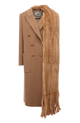 Женское шерстяное пальто с шарфом FENDI бежевого цвета, арт. FF8815 A8GR | Фото 1 (Длина (верхняя одежда): Длинные; Материал подклада: Вискоза; Рукава: Длинные; 1-2-бортные: Двубортные; Стили: Кэжуэл; Материал внешний: Шерсть)