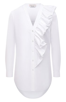 Женская хлопковая рубашка ALEXANDER MCQUEEN белого цвета, арт. 682583/QAAAD | Фото 1 (Рукава: Длинные; Длина (для топов): Удлиненные; Материал внешний: Хлопок; Стили: Романтичный; Принт: Без принта; Женское Кросс-КТ: Рубашка-одежда; Региональные ограничения белый список (Axapta Mercury): RU)