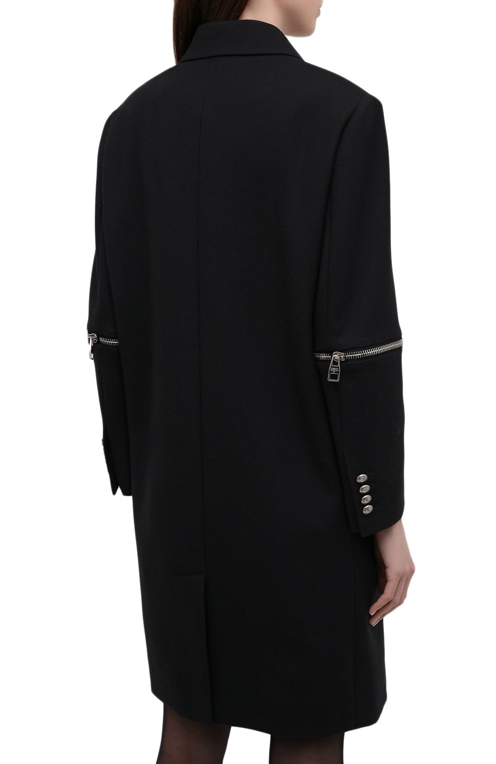 Женское шерстяное пальто ALEXANDER MCQUEEN черного цвета, арт. 687328/QJACP | Фото 4 (Материал внешний: Шерсть; Рукава: Длинные; Стили: Гламурный; Длина (верхняя одежда): До середины бедра; Региональные ограничения белый список (Axapta Mercury): RU; 1-2-бортные: Двубортные; Материал подклада: Купро)