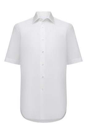 Мужская хлопковая рубашка BRIONI белого цвета, арт. RCMA0M/PZ005 | Фото 1 (Длина (для топов): Стандартные; Рукава: Короткие; Материал внешний: Хлопок; Случай: Повседневный; Воротник: Кент; Рубашки М: Slim Fit; Принт: Однотонные; Стили: Кэжуэл)