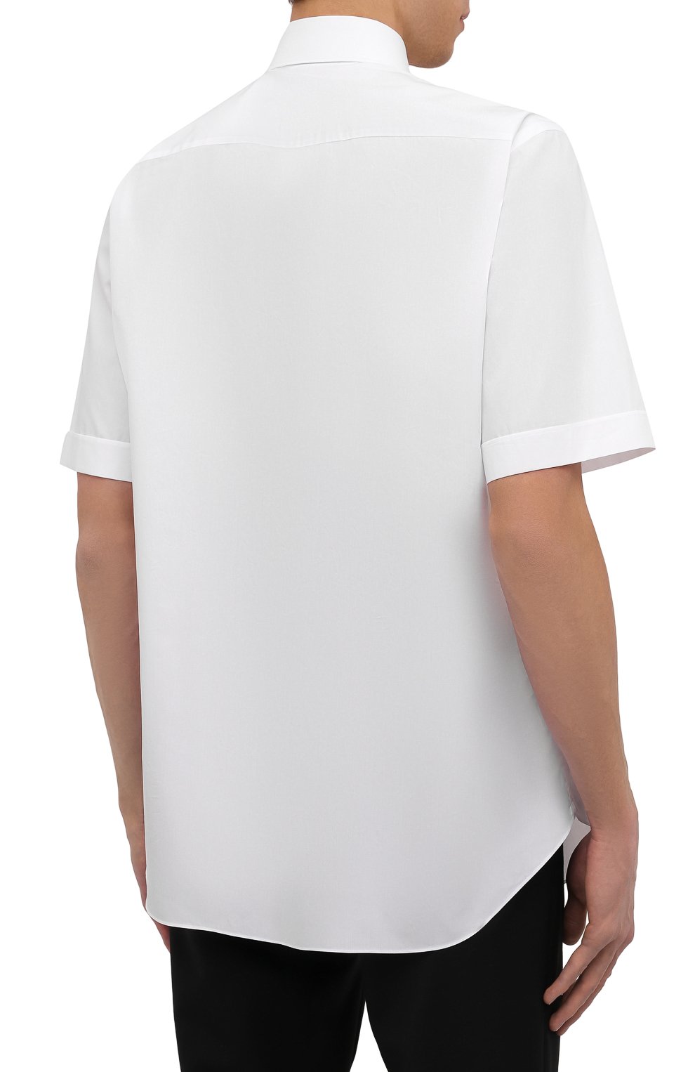 Мужская хлопковая рубашка BRIONI белого цвета, арт. RCMA0M/PZ005 | Фото 4 (Воротник: Кент; Рукава: Короткие; Случай: Повседневный; Длина (для топов): Стандартные; Рубашки М: Slim Fit; Материал внешний: Хлопок; Принт: Однотонные; Стили: Кэжуэл)