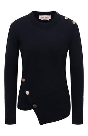 Женский шерстяной пуловер ALEXANDER MCQUEEN темно-синего цвета, арт. 688634/Q1AZL | Фото 1 (Рукава: Длинные; Материал внешний: Шерсть; Длина (для топов): Стандартные; Женское Кросс-КТ: Пуловер-одежда; Стили: Кэжуэл; Региональные ограничения белый список (Axapta Mercury): RU)