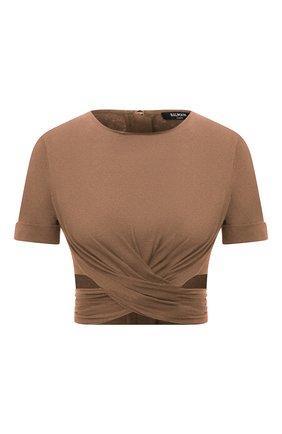 Женская футболка BALMAIN темно-бежевого цвета, арт. XF1AI002/JB10 | Фото 1 (Материал внешний: Синтетический материал, Хлопок; Длина (для топов): Укороченные; Рукава: Короткие; Стили: Спорт-шик; Принт: Без принта; Женское Кросс-КТ: Футболка-одежда; Региональные ограничения белый список (Axapta Mercury): RU)