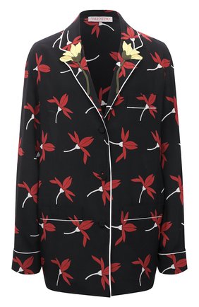 Женская шелковая рубашка VALENTINO черного цвета, арт. XB3AB3986UN | Фото 1 (Рукава: Длинные; Материал внешний: Шелк; Длина (для топов): Удлиненные; Стили: Гламурный; Принт: С принтом; Женское Кросс-КТ: Рубашка-одежда; Региональные ограничения белый список (Axapta Mercury): RU)