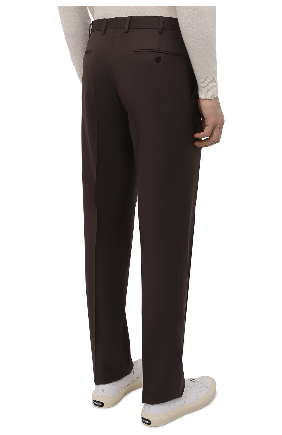 Мужские шерстяные брюки BRIONI темно-коричневого цвета, арт. RPL20L/P1A0Q/M0ENA | Фото 4 (Материал внешний: Шерсть; Длина (брюки, джинсы): Стандартные; Стили: Классический; Случай: Формальный; Материал подклада: Купро)