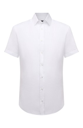 Мужская льняная рубашка GIORGIO ARMANI белого цвета, арт. 8WGCCZ1V/TZ256 | Фото 1 (Рукава: Короткие; Длина (для топов): Стандартные; Материал внешний: Лен; Случай: Повседневный; Воротник: Кент; Рубашки М: Regular Fit; Принт: Однотонные; Стили: Кэжуэл)
