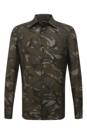 Мужская рубашка из вискозы и шелка TOM FORD хаки цвета по цене 79950 руб., арт. 3FT914/94BSRB | Фото 1 Мужская рубашка из вискозы и шелка TOM FORD хаки цвета, арт. 3FT914/94BSRB | Фото 1 (Длина (для топов): Стандартные; Материал внешний: Вискоза; Рукава: Длинные; Случай: Повседневный; Манжеты: На пуговицах; Воротник: Кент; Рубашки М: Slim Fit; Стили: Милитари; Принт: С принтом; Региональные ограничения белый список (Axapta Mercury): RU)