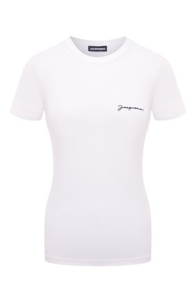 Женская хлопковая футболка JACQUEMUS белого цвета, арт. 211JS003-2160 | Фото 1 (Длина (для топов): Стандартные; Рукава: Короткие; Материал внешний: Хлопок; Женское Кросс-КТ: Футболка-одежда; Стили: Кэжуэл; Принт: С принтом)