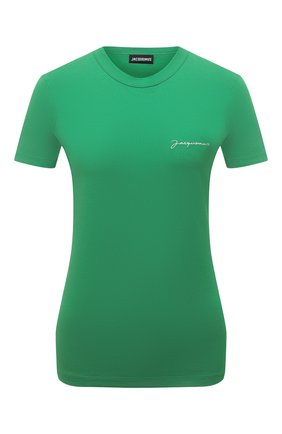 Женская хлопковая футболка JACQUEMUS зеленого цвета, арт. 211JS003-2160 | Фото 1 (Материал внешний: Хлопок; Рукава: Короткие; Длина (для топов): Стандартные; Женское Кросс-КТ: Футболка-одежда; Принт: Без принта; Стили: Кэжуэл)