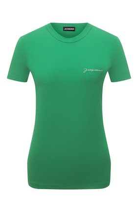 Женская хлопковая футболка JACQUEMUS зеленого цвета по цене 10950 руб., арт. 211JS003-2160 | Фото 1 Женская хлопковая футболка JACQUEMUS зеленого цвета, арт. 211JS003-2160 | Фото 1 (Материал внешний: Хлопок; Рукава: Короткие; Длина (для топов): Стандартные; Женское Кросс-КТ: Футболка-одежда; Принт: Без принта; Стили: Кэжуэл)