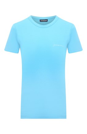 Женская хлопковая футболка JACQUEMUS бирюзового цвета по цене 10950 руб., арт. 211JS003-2160 | Фото 1 Женская хлопковая футболка JACQUEMUS бирюзового цвета, арт. 211JS003-2160 | Фото 1 (Длина (для топов): Стандартные; Рукава: Короткие; Материал внешний: Хлопок; Стили: Спорт-шик; Принт: Без принта; Женское Кросс-КТ: Футболка-одежда)