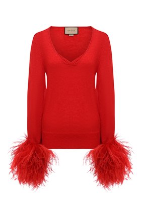 Женский пуловер GUCCI красного цвета, арт. 670624/XKB1V | Фото 1 (Длина (для топов): Стандартные; Материал внешний: Шерсть; Рукава: Длинные; Женское Кросс-КТ: Пуловер-одежда; Стили: Романтичный)