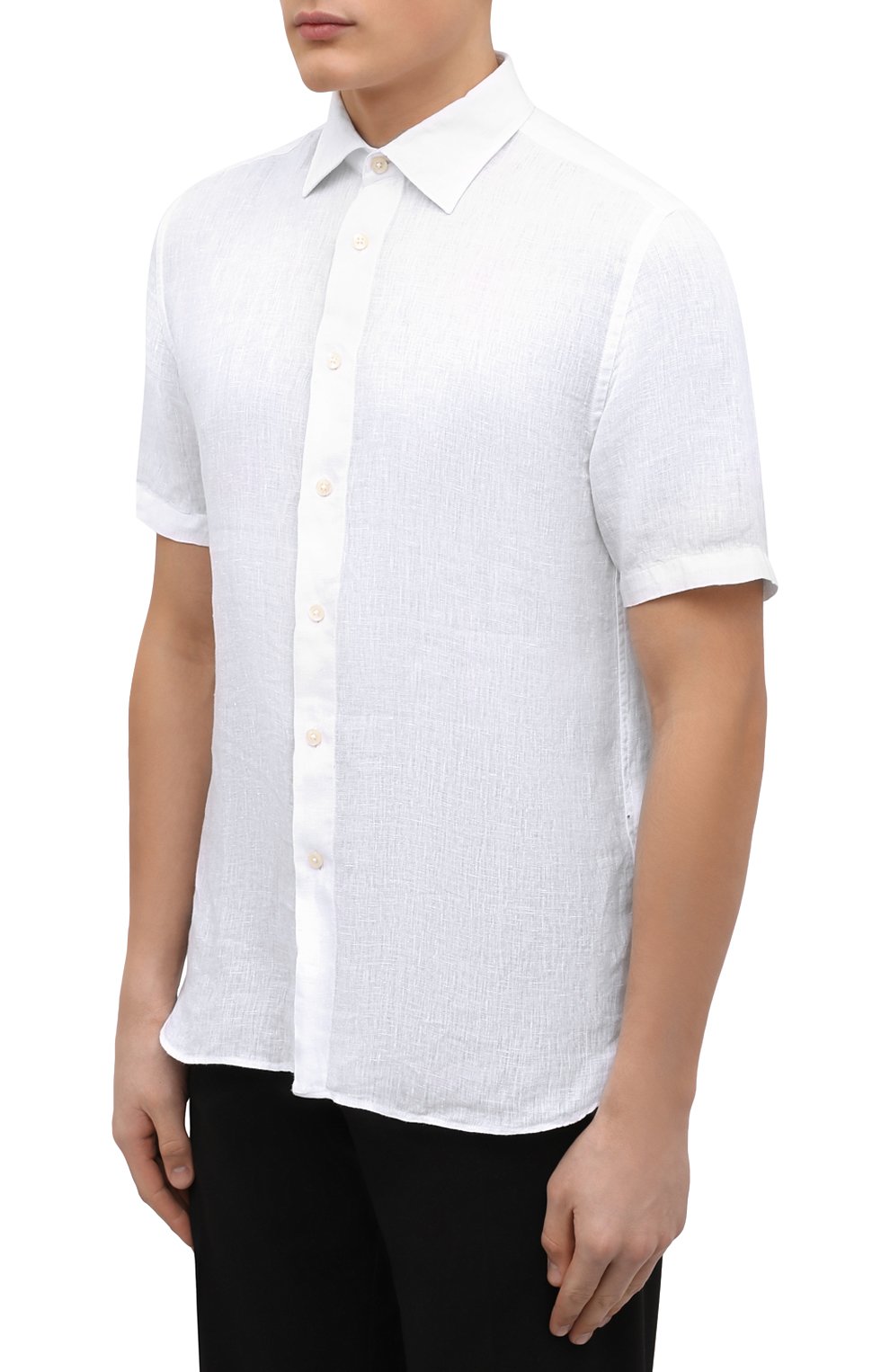 Мужская льняная рубашка 120% LINO белого цвета, арт. V0M19FZ/0115/000 | Фото 3 (Воротник: Кент; Рукава: Короткие; Случай: Повседневный; Длина (для топов): Стандартные; Материал внешний: Лен; Принт: Однотонные; Стили: Кэжуэл)