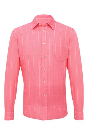 Мужская льняная рубашка 120% LINO розового цвета, арт. V0M1425/G055/S00 | Фото 1 (Рукава: Длинные; Длина (для топов): Стандартные; Материал внешний: Лен; Случай: Повседневный; Принт: Полоска; Воротник: Кент; Манжеты: На пуговицах; Стили: Кэжуэл)