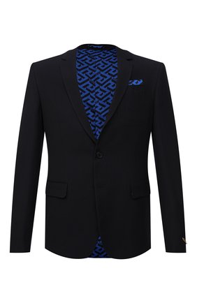Мужской пиджак из вискозы и шерсти VERSACE темно-синего цвета по цене 206000 руб., арт. 1004074/1A02969 | Фото 1 Мужской пиджак из вискозы и шерсти VERSACE темно-синего цвета, арт. 1004074/1A02969 | Фото 1 (Материал внешний: Вискоза; Длина (для топов): Стандартные; Материал подклада: Купро; Рукава: Длинные; Случай: Коктейльный; 1-2-бортные: Однобортные; Пиджаки М: Приталенный; Стили: Классический)