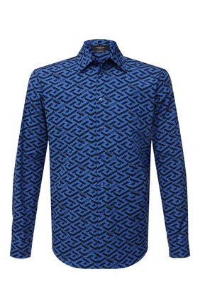 Мужская хлопковая рубашка VERSACE синего цвета по цене 72400 руб., арт. 1003964/1A02796 | Фото 1 Мужская хлопковая рубашка VERSACE синего цвета, арт. 1003964/1A02796 | Фото 1 (Длина (для топов): Стандартные; Материал внешний: Хлопок; Рукава: Длинные; Случай: Повседневный; Принт: С принтом; Манжеты: На пуговицах; Рубашки М: Regular Fit; Стили: Гламурный; Воротник: Кент)