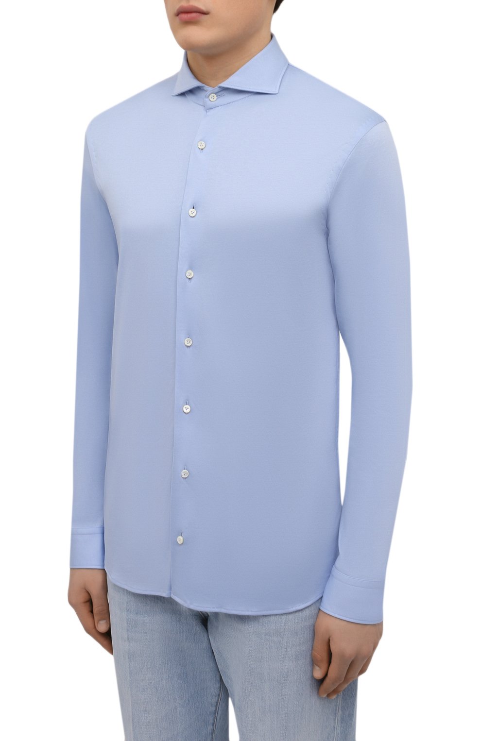Мужская хлопковая рубашка VAN LAACK голубого цвета, арт. M-PER-LSF/180031 | Фото 3 (Манжеты: На пуговицах; Рукава: Длинные; Воротник: Акула; Случай: Повседневный; Длина (для топов): Стандартные; Рубашки М: Slim Fit; Материал внешний: Хлопок; Принт: Однотонные; Стили: Кэжуэл)