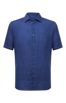 Мужская льняная рубашка 120% LINO синего цвета, арт. V0M19FZ/0115/S00 | Фото 1 (Материал внешний: Лен; Длина (для топов): Стандартные; Рукава: Короткие; Случай: Повседневный; Стили: Кэжуэл; Принт: Однотонные)