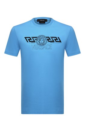 Мужская хлопковая футболка VERSACE голубого цвета по цене 36050 руб., арт. 1003906/1A02800 | Фото 1 Мужская хлопковая футболка VERSACE голубого цвета, арт. 1003906/1A02800 | Фото 1 (Рукава: Короткие; Длина (для топов): Стандартные; Материал внешний: Хлопок; Принт: С принтом; Стили: Спорт-шик)