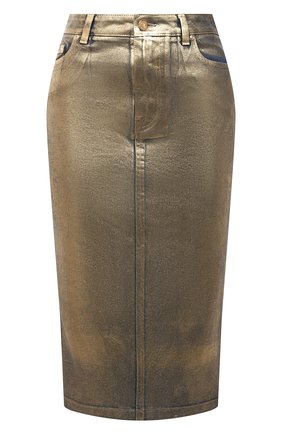 Женская джинсовая юбка TOM FORD золотого цвета по цене 99500 руб., арт. GCD042-DEX155 | Фото 1 Женская джинсовая юбка TOM FORD золотого цвета, арт. GCD042-DEX155 | Фото 1 (Материал внешний: Хлопок, Деним; Длина Ж (юбки, платья, шорты): До колена; Женское Кросс-КТ: Юбка-одежда; Кросс-КТ: Деним; Стили: Гранж)