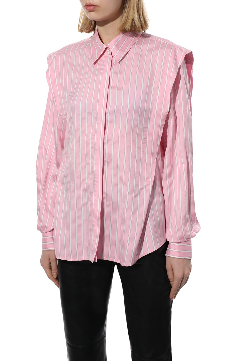 Женская рубашка ISABEL MARANT светло-розового цвета, арт. CH0791-22P024I/S0TALKI | Фото 3 (Материал внешний: Купро, Шелк, Растительное волокно; Рукава: Длинные; Принт: Полоска, С принтом; Женское Кросс-КТ: Рубашка-одежда; Длина (для топов): Удлиненные; Стили: Кэжуэл)