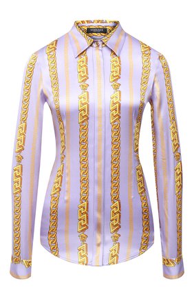 Женская шелковая блузка VERSACE сиреневого цвета, арт. 1003946/1A02864 | Фото 1 (Материал внешний: Шелк; Длина (для топов): Стандартные; Рукава: Длинные; Стили: Романтичный; Принт: С принтом; Женское Кросс-КТ: Блуза-одежда)