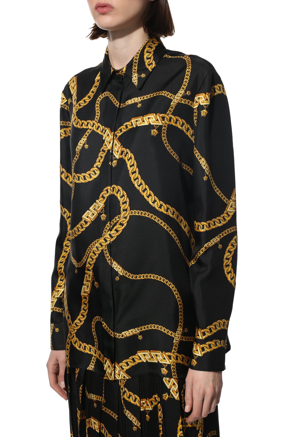 Женская шелковая блузка VERSACE черного цвета, арт. 1001360/1A02881 | Фото 3 (Материал внешний: Шелк; Рукава: Длинные; Стили: Гламурный; Длина (для топов): Стандартные; Принт: С принтом; Женское Кросс-КТ: Блуза-одежда)