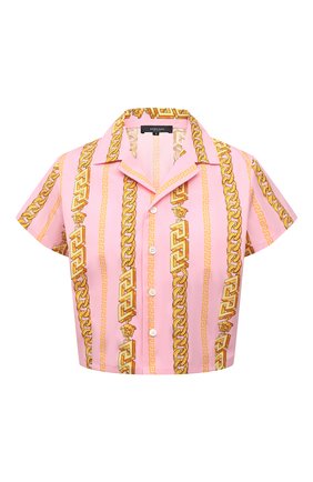 Женская хлопковая рубашка VERSACE розового цвета, арт. 1003661/1A02527 | Фото 1 (Рукава: Короткие; Материал внешний: Хлопок; Женское Кросс-КТ: Блуза-белье; Длина (для топов): Укороченные)