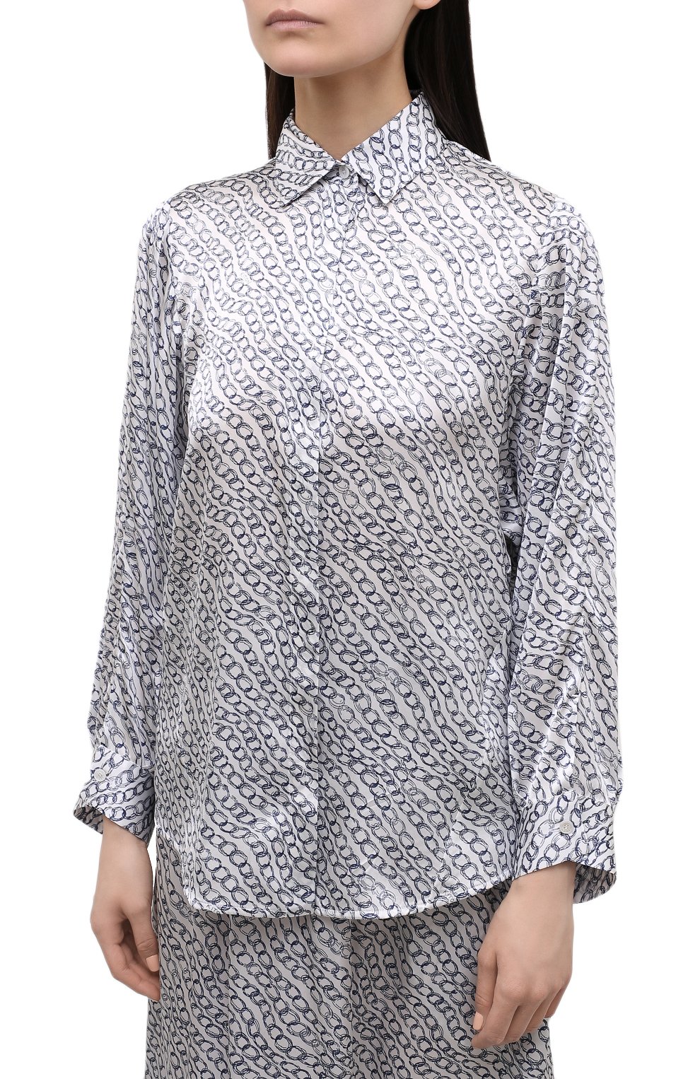 Женская шелковая блузка KITON серебряного цвета, арт. D53420K0983A | Фото 3 (Материал внешний: Шелк; Рукава: Длинные; Длина (для топов): Стандартные; Принт: С принтом; Стили: Романтичный; Женское Кросс-КТ: Блуза-одежда)