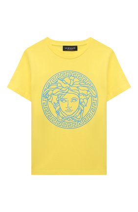 Детская хлопковая футболка VERSACE желтого цвета по цене 12200 руб., арт. 1000239/1A00290/8A-14A | Фото 1 Детская хлопковая футболка VERSACE желтого цвета, арт. 1000239/1A00290/8A-14A | Фото 1 (Материал внешний: Хлопок; Рукава: Короткие)