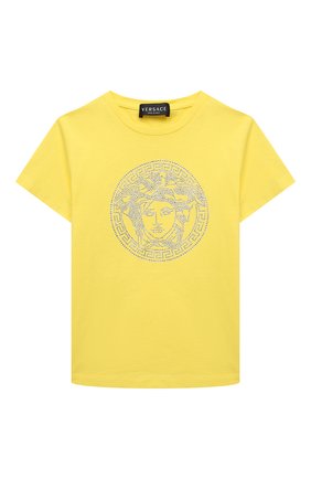 Детская хлопковая футболка VERSACE желтого цвета по цене 17550 руб., арт. 1000052/1A01421/8A-14A | Фото 1 Детская хлопковая футболка VERSACE желтого цвета, арт. 1000052/1A01421/8A-14A | Фото 1 (Рукава: Короткие; Материал внешний: Хлопок)