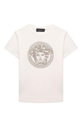 Детская хлопковая футболка VERSACE белого цвета по цене 17550 руб., арт. 1000052/1A01421/8A-14A | Фото 1 Детская хлопковая футболка VERSACE белого цвета, арт. 1000052/1A01421/8A-14A | Фото 1 (Рукава: Короткие; Материал внешний: Хлопок; Девочки Кросс-КТ: футболка-одежда)