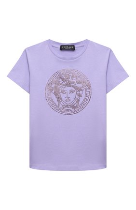 Детская хлопковая футболка VERSACE сиреневого цвета по цене 17550 руб., арт. 1000052/1A01421/8A-14A | Фото 1 Детская хлопковая футболка VERSACE сиреневого цвета, арт. 1000052/1A01421/8A-14A | Фото 1 (Рукава: Короткие; Материал внешний: Хлопок)