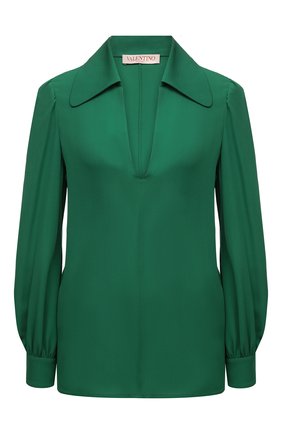 Женский шелковая блузка VALENTINO зеленого цвета, арт. XB3AE6U51MH | Фото 1 (Рукава: Длинные; Длина (для топов): Стандартные; Материал внешний: Шелк; Стили: Гламурный; Женское Кросс-КТ: Блуза-одежда)