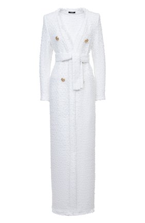 Женское пальто из хлопка и вискозы BALMAIN белого цвета, арт. XF1UE001/CB76 | Фото 1 (Рукава: Длинные; Материал внешний: Хлопок; Длина (верхняя одежда): Длинные; Стили: Гламурный; 1-2-бортные: Однобортные)