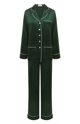 Женская шелковая пижама OLIVIA VON HALLE темно-зеленого цвета, арт. PS2217 | Фото 1 (Длина (брюки, джинсы): Стандартные; Длина Ж (юбки, платья, шорты): Мини; Материал внешний: Шелк; Длина (для топов): Стандартные; Рукава: Длинные)